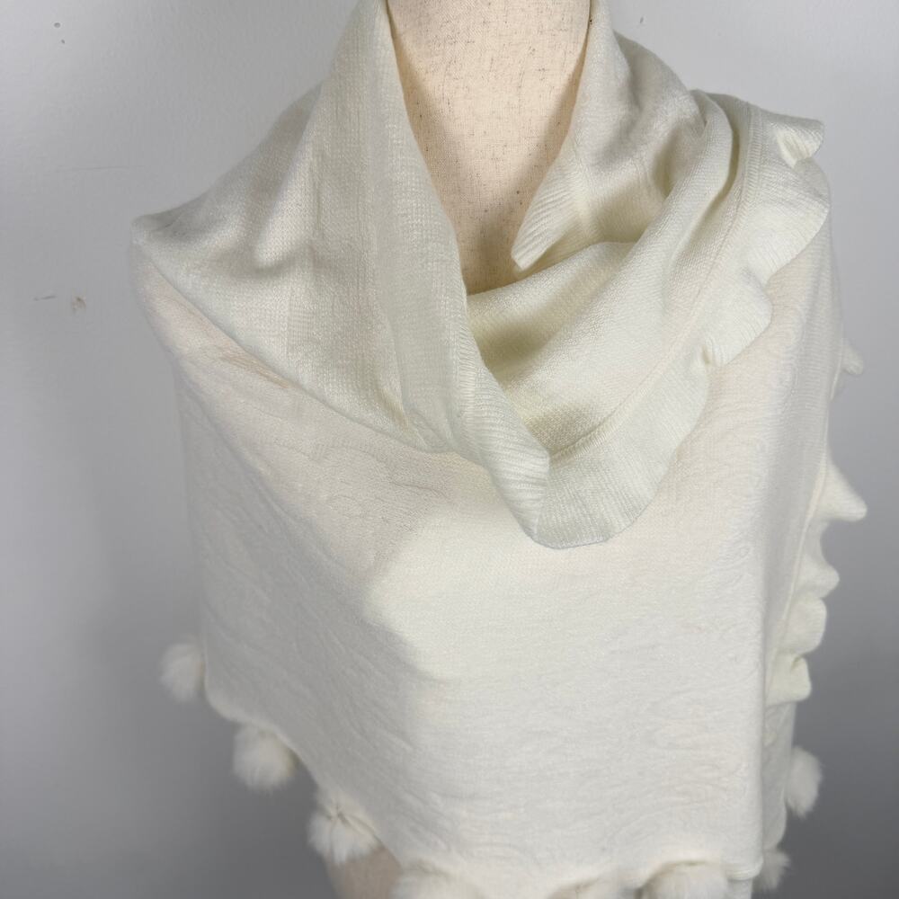 La Fiorentina White Knit Shawl Wrap Rabbit Fur Pom Pom Trimmed Long Scarf Angora - Picture 12 of 13